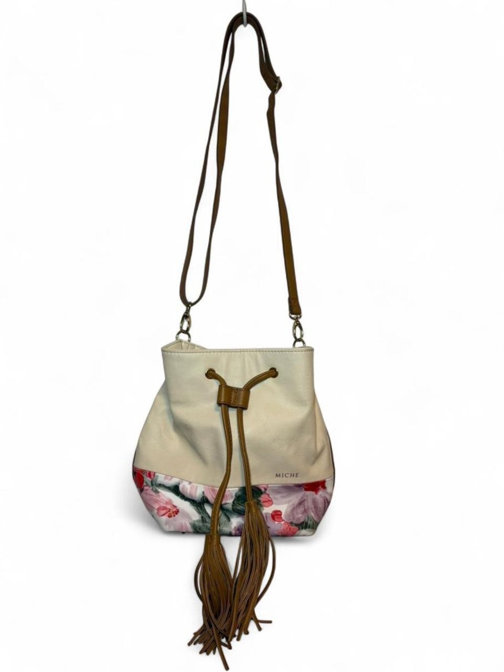 MICHE Cream Floral Drawstring Crossbody with Tan Tassels